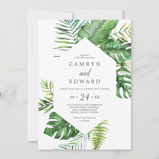 Invitación Palm Tropical Salvaje Todo En Un Boda (Anverso)