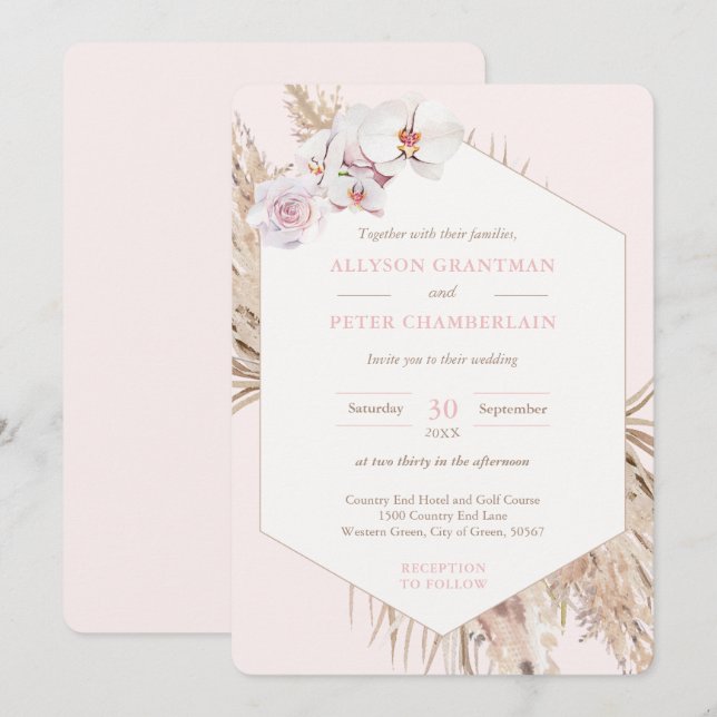 Invitación Palm Tropical Seca Boho deja Boda de Pampas (Anverso / Reverso)