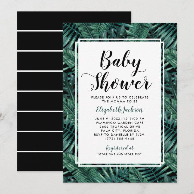 Invitación Palm tropical verde moderno deja Baby Shower (Anverso / Reverso)