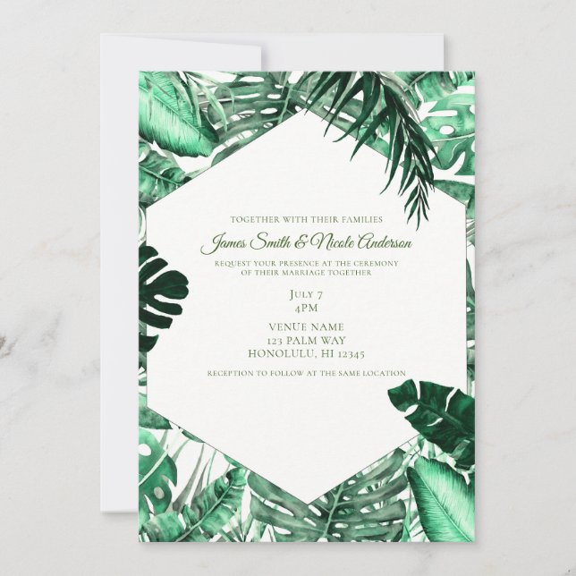 Invitación Palm tropical verde oscuro deja Boda de verano (Anverso)