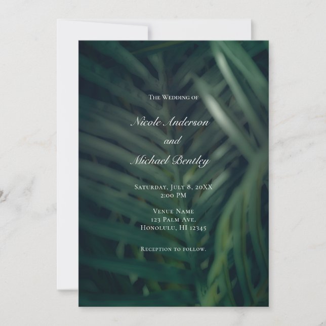 Invitación Palm Tropical Verde Oscuro deja una elegante boda  (Anverso)