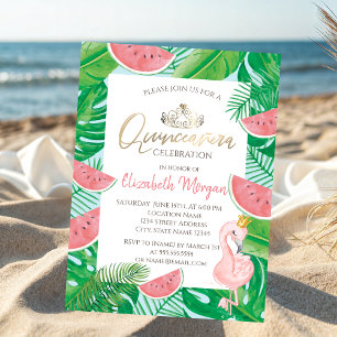 Invitación Palm Tropical Watermelon Flamingo Rosa