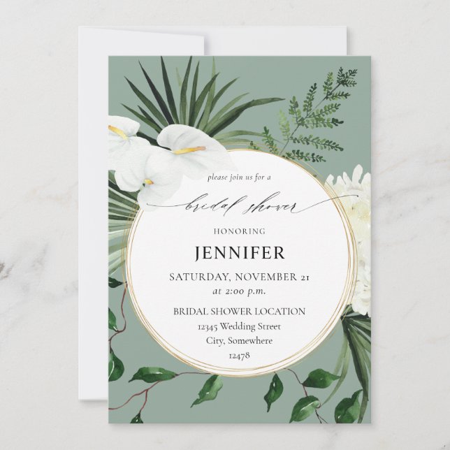 Invitación Palm Tropical & White Floral Bridal Shower -MGreen (Anverso)