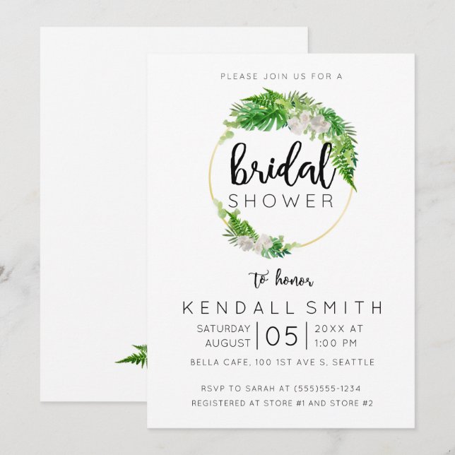 Invitación Palm tropical y vegetación Wreath Bridal Shower (Anverso / Reverso)
