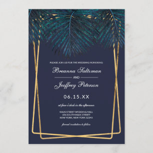 Invitación Palm Verde azulada dorada moderna deja Boda de fro