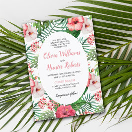 Invitación Palm Verde Floral Tropical Rosa Hibiscus Boda