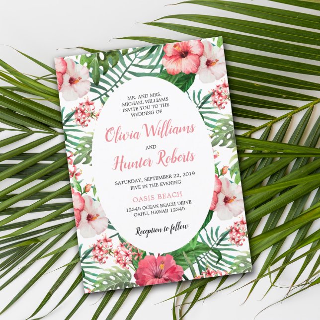 Invitación Palm Verde Floral Tropical Rosa Hibiscus Boda (Subido por el creador)