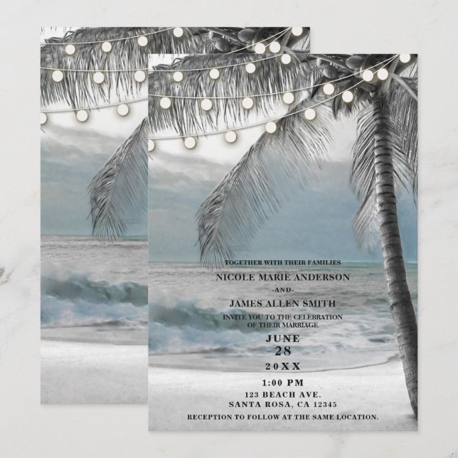 Invitación Palma de coco blanca y luces de playa para boda (Anverso / Reverso)