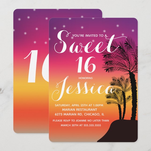 Invitación Palma de puesta de sol tropical Dulces 16 (Anverso / Reverso)