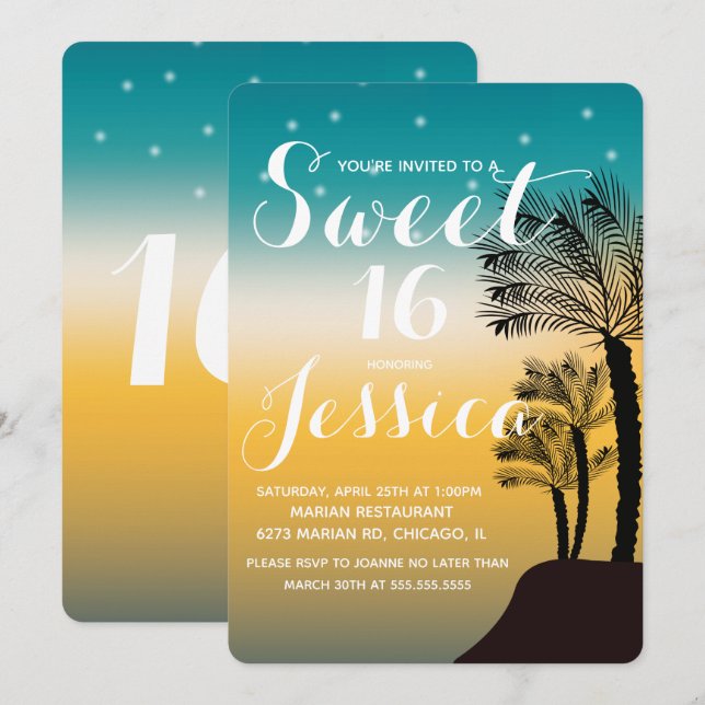 Invitación Palma de puesta de sol tropical Dulces 16 (Anverso / Reverso)