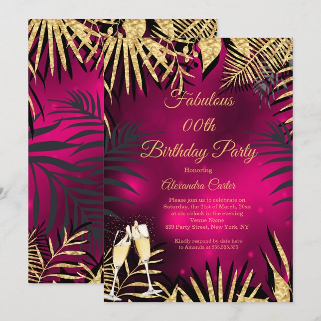 Invitación Palmas de Champán de Oro Rosa Tropical Fiesta de C (Anverso / Reverso)