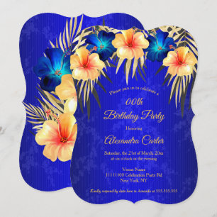 Invitación Palmas de Hibisco Damask Oro Azul Fiesta de Cumple
