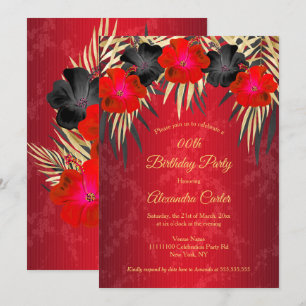 Invitación Palmas de Hibisco Damask Rojo Negro Dorado Cumplea