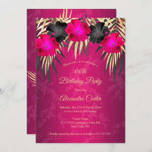 Invitación Palmas de oro negras rosadas Hibiscus Damask Fiest