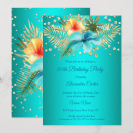 Invitación Palmas florales azul turquesa y dorado amarillo de