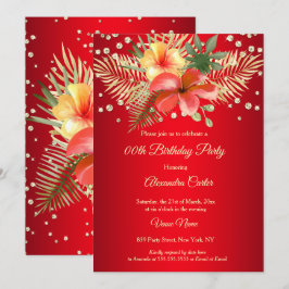 Invitación Palmas florales doradas rojas amarillas Cumpleaños