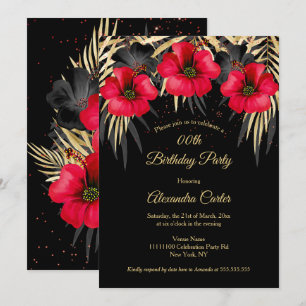 Invitación Palmas Florales Exóticas Rojas Negras Doradas Fies