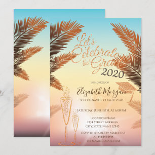 Invitación Palmas, gorra de graduación con brillo, copa de gr