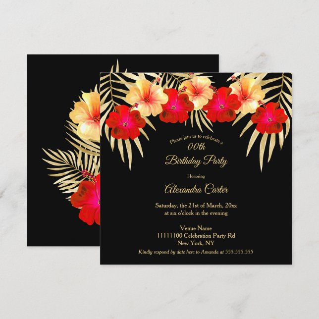 Invitación Palmas negras de oro rojo Hibiscus Floral Birthday (Anverso / Reverso)