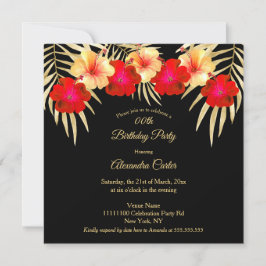 Invitación Palmas negras de oro rojo Hibiscus Floral Birthday