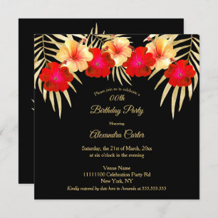 Invitación Palmas negras de oro rojo Hibiscus Floral Birthday