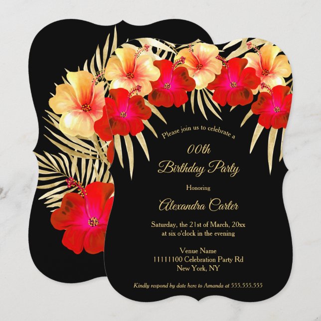 Invitación Palmas negras de oro rojo Hibiscus Floral Birthday (Anverso / Reverso)