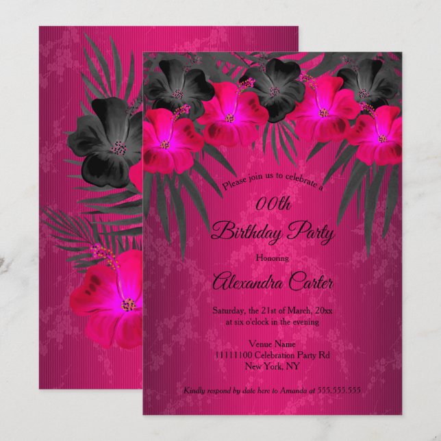Invitación Palmas negras rosadas Fiesta de cumpleaños de Hibi (Anverso / Reverso)
