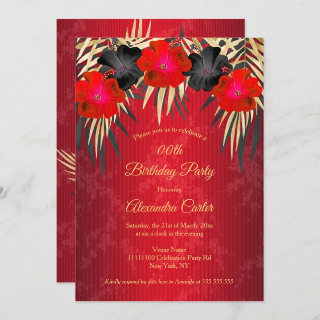 Invitación Palmas rojas de oro negras Hibiscus Damask Cumplea (Anverso / Reverso)