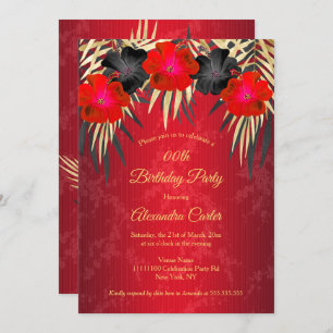 Invitación Palmas rojas de oro negras Hibiscus Damask Cumplea