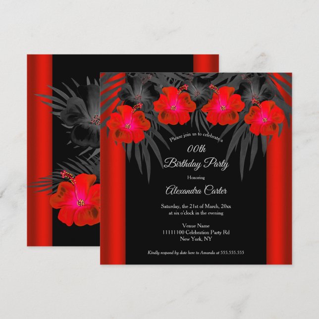 Invitación Palmas rojas negras Hibiscus Tropical Birthday Par (Anverso / Reverso)