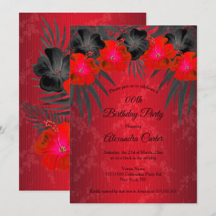 Invitación Palmas Rojo Negro Hibisco Damask Fiesta de Cumplea