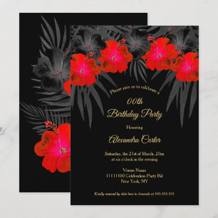Invitación Palmas Rojo Negro Hibisco Floral Cumpleaños Tropic