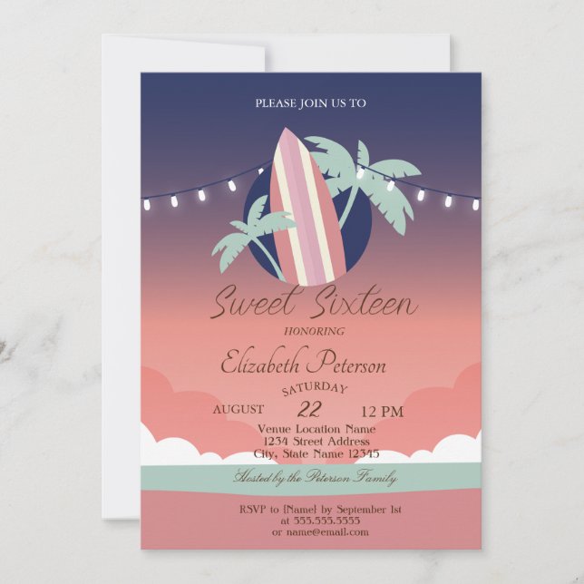 Invitación Palmas, Surfing Board Summer Sweet 16 Fiesta (Anverso)