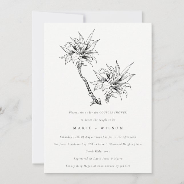 Invitación Palmas tropicales Black White Sketch Couples Showe (Anverso)