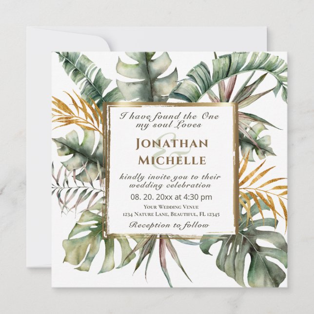 Invitación Palmas tropicales Marco dorado Boda cristiano (Anverso)