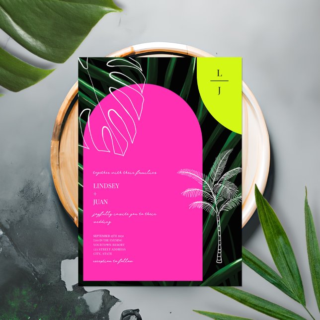 Invitación Palmas tropicales Neon Arches Monograma Boda (Subido por el creador)