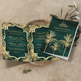 Invitación Palmera de citas con brillo verde y dorado Boda mu