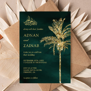 Invitación Palmera de citas con brillo verde y dorado Boda mu