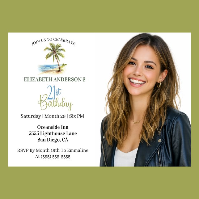 Invitación Palmera de la playa Foto de cumpleaños número 21 (Tropical beach palm tree 21st birthday photo invitation for woman coastal party
)