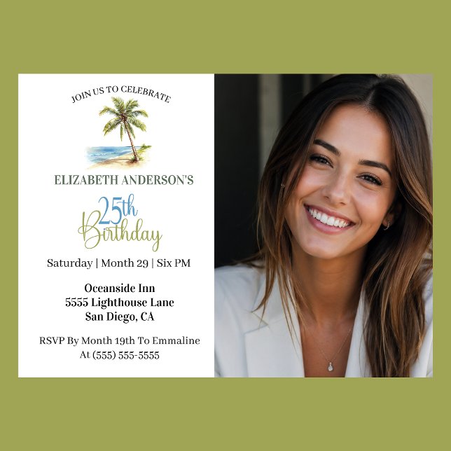 Invitación Palmera de la Playa Foto de cumpleaños número 25 (Tropical beach palm tree 25th birthday photo invitation for woman coastal party
)