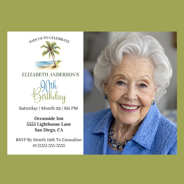 Invitación Palmera de la Playa Foto de cumpleaños número 90 (Elegant coastal 90th birthday photo invitation with tropical palm tree beach design and ocean theme )