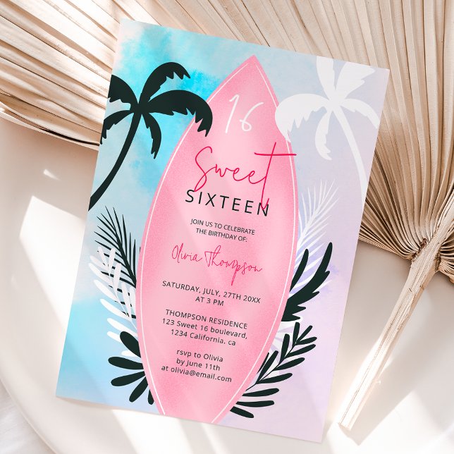 Invitación Palmera de palmera tropical en la playa Sweet 16 (Tropical beach surfboard palm tree Sweet 16 Invitation)