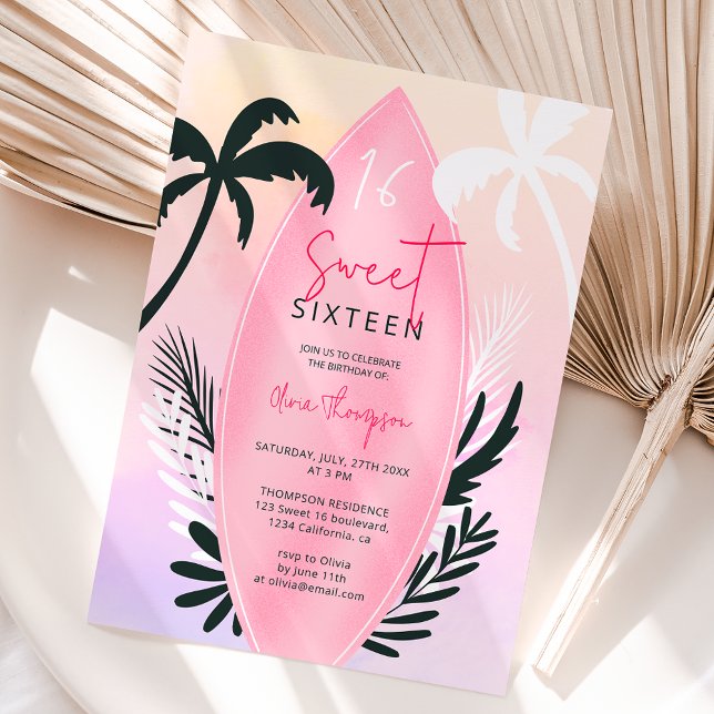 Invitación Palmera de palmera tropical en la playa Sweet 16 (Tropical beach surfboard palm tree Sweet 16 Invitation)