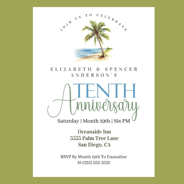 Invitación Palmera de Playa 10º Aniversario de Boda (Tropical beach palm tree 10th wedding anniversary invitation coastal seaside celebration
)