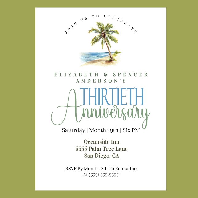 Invitación Palmera de Playa 30º Aniversario de Boda (Tropical beach palm tree 30th wedding anniversary invitation coastal seaside celebration
)