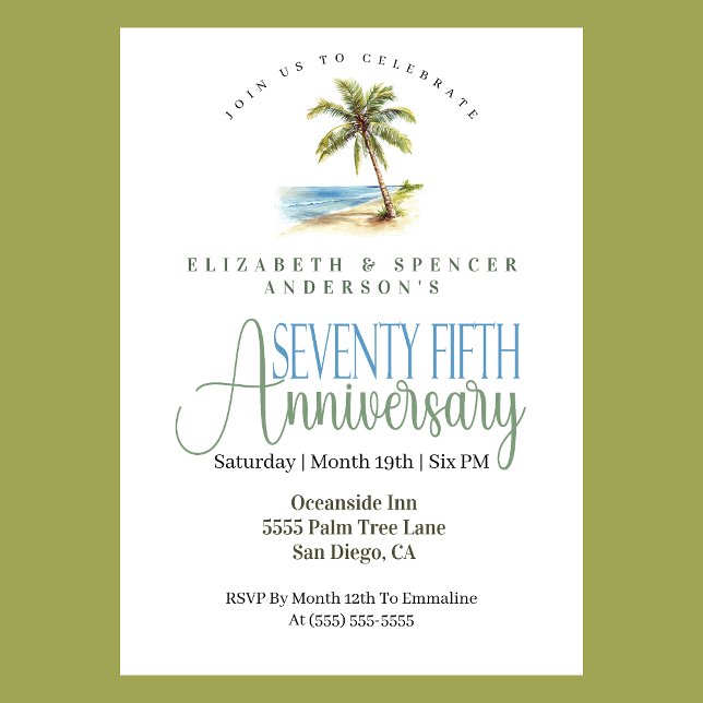 Invitación Palmera de Playa 75 Aniversario de Boda (Tropical beach palm tree 75th wedding anniversary invitation coastal seaside theme
)