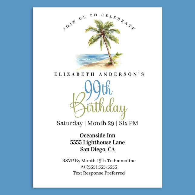 Invitación Palmera de Playa 99 Cumpleaños (Tropical beach palm tree 99th birthday invitation)