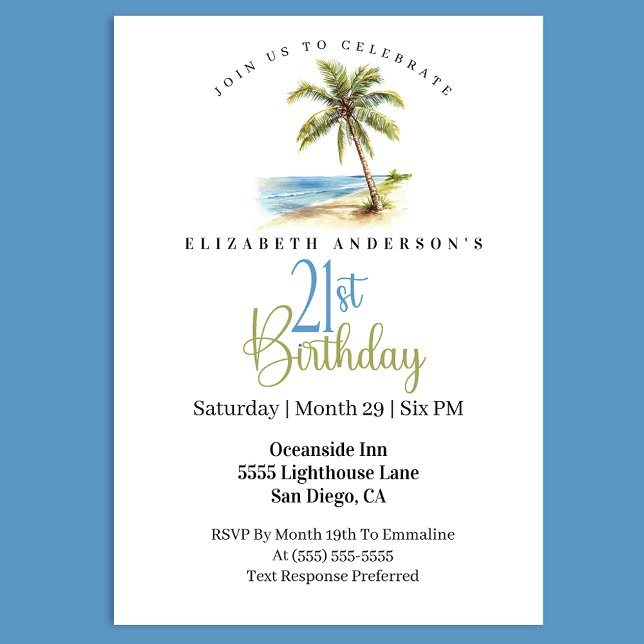 Invitación Palmera de Playa Cumpleaños 21 (Tropical beach 21st birthday invitation with watercolor palm tree ocean scene coastal party)