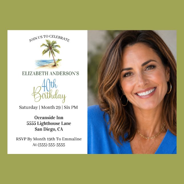 Invitación Palmera de Playa Cumpleaños 40 Foto (Tropical beach palm tree 40th birthday photo invitation for woman coastal party
)