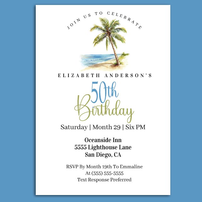 Invitación Palmera de Playa Cumpleaños 50 (Tropical beach palm tree 50th birthday party invitation with coastal ocean theme and elegant script )